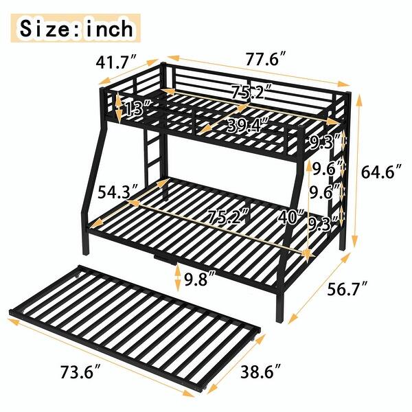 dimension image slide 3 of 5, Metal Bunk Bed with Twin Size Trundle