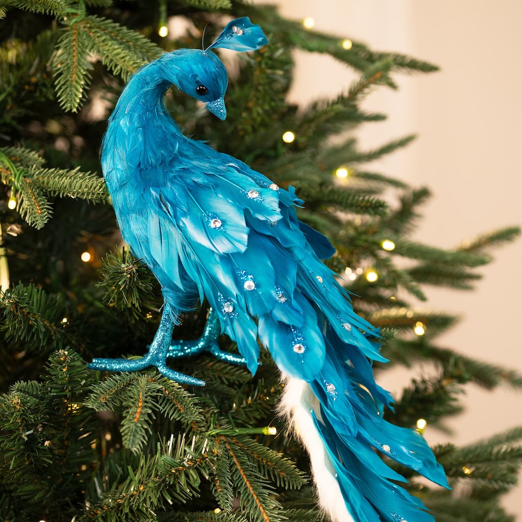 Peacock Glittered with Faux Crystals Christmas Decoration - 24" - Blue