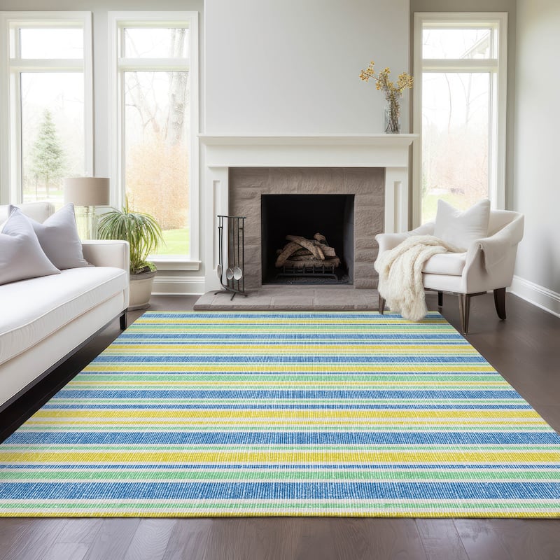 Machine Washable Indoor/ Outdoor Thin Cabana Stripe Chantille Rug