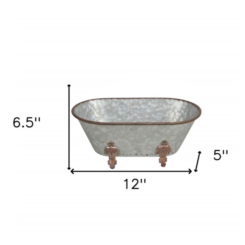 HomeRoots 5" Gray Metal Hand Painted Decorative Tub Tabletop Sculpture - 12' X '5' X '6.5