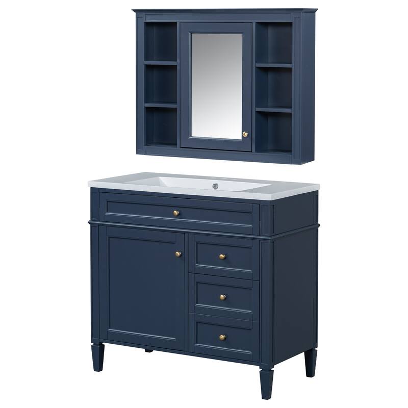 Freestanding Bathroom Vanity & Wall Mounted Mirror Cabinet Set with Resin Sink, Open Shelves, Drawers and Adjustable Shelves