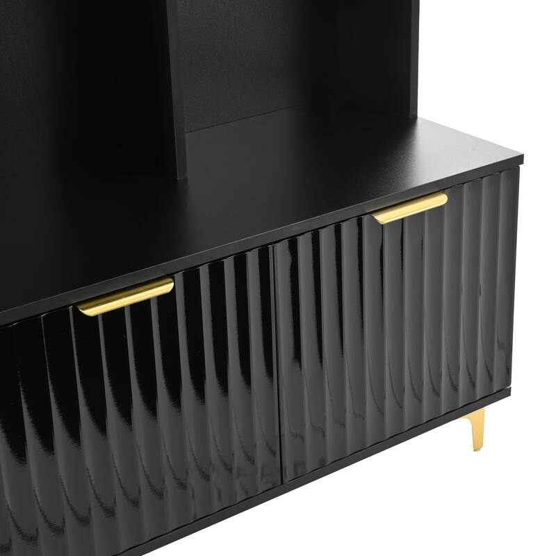 3-in-1 Hall Tree with Storage Bench & Shoe Storage, Glossy Fluted Cabinet Coat Rack with Gold Handles and Legs