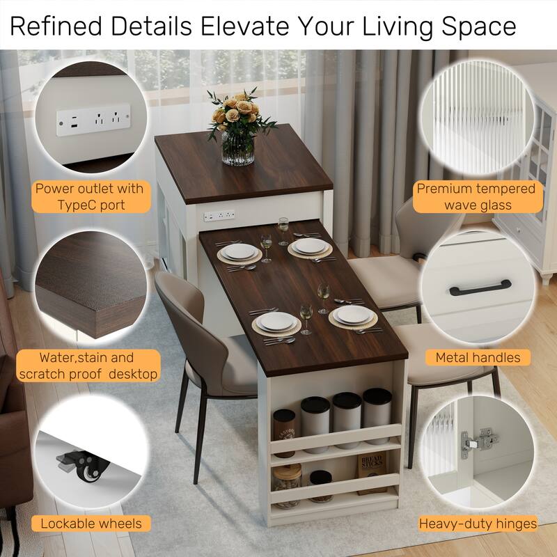83.1"Extendable Kitchen Island with Slide Out Table and Storage Racks,Kitchen Island with Tempered Glass Doors,Power Outlet