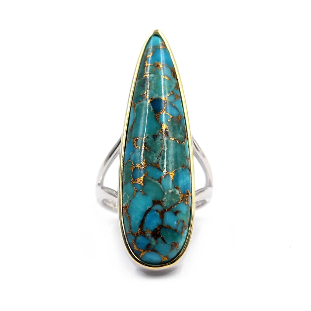 925 Sterling Silver 40X12mm Pear Blue Copper Turquoise Ring