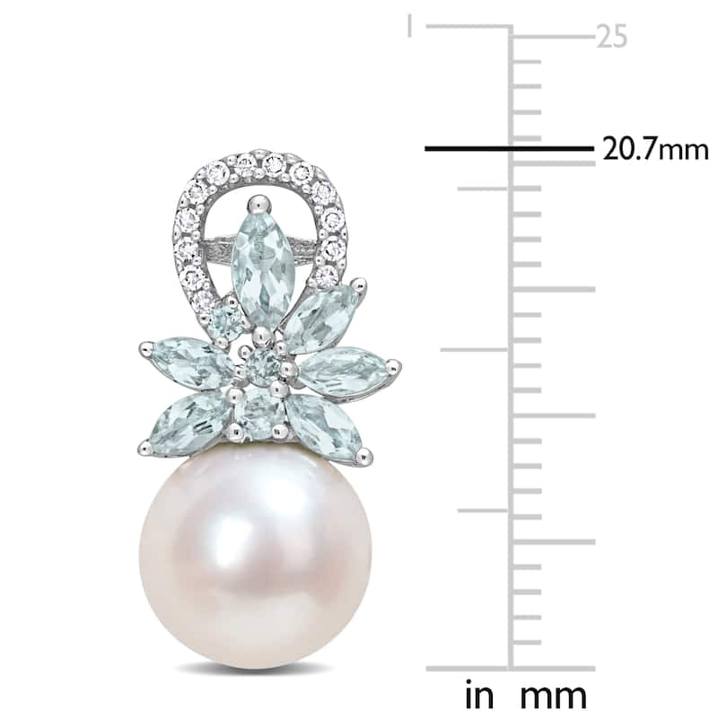 Miadora 9-9.5mm Cultured Freshwater Pearl and Aquamarine and 1/8 CT TW Diamond Flower Earrings in 14k White Gold