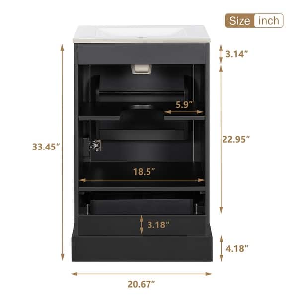 dimension image slide 0 of 15, GDFStudio - Lisa 20" Bathroom Vanity with Ceramic Sink, Soft-Close Door & Storage Rack