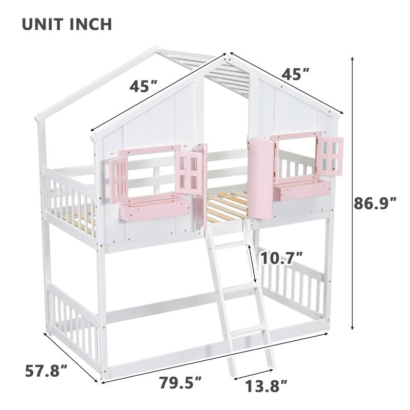 Twin Over Twin Wooden House Bunk Bed with Roof, Windows, Door, and Ladder, Kids Playhouse Bed with Guardrails