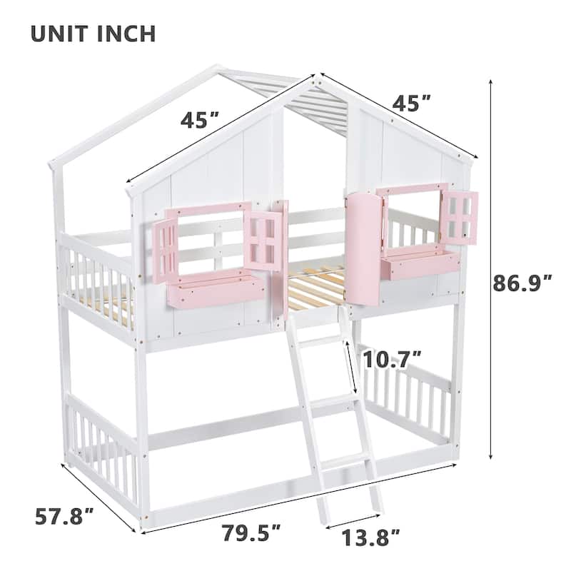 Twin over Twin House Bunk Bed - Roof, Window, Box, Door, Guardrails & Ladder