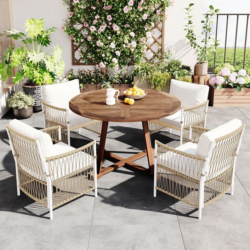 4 - Person Round Patio Extendable Wooden Dining Table Set