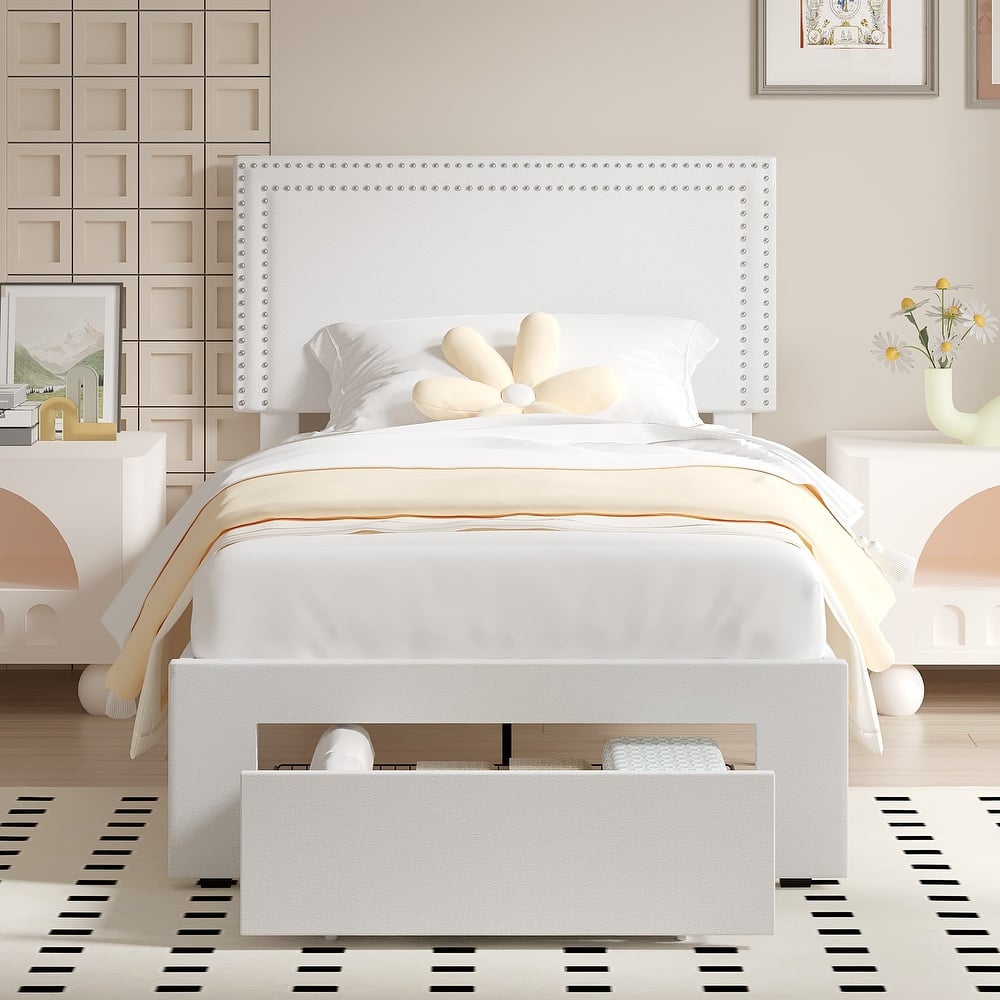 VECELO Upholstered Storage Bed Frames with 4 Storage Drawers Platform Bed Frame with Adjustable Velvet Rivets Headboard