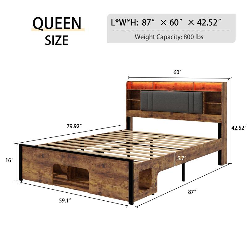 Brown Queen Size Platform Bed with Upholstered Headboard,Charging Station and LED