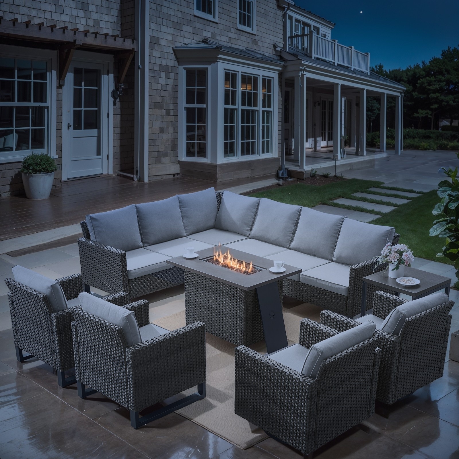 Propane Fire Pit Table with Outdoor Sofa Chair Table Set- Beige cushion - Grey