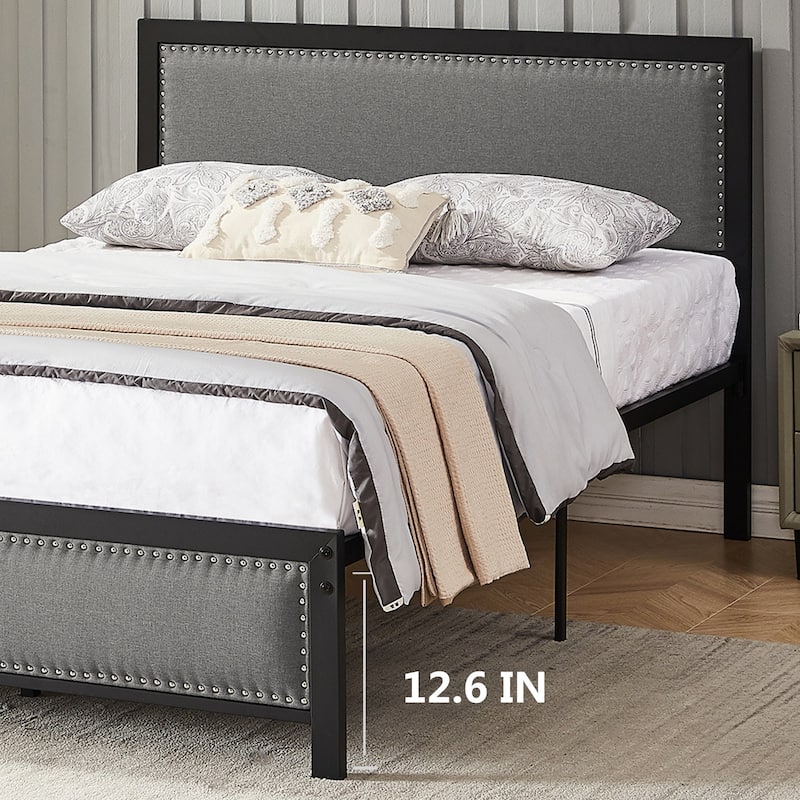 VECELO Bed Frame with Upholstered Linen Headboard and Footboard Heavy-Duty Platform with Strong Metal Slats