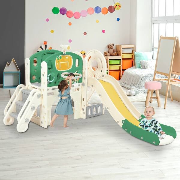 slide 2 of 9, Kids Slide,Castle Climbing Crawling Playhouse with Basketball Hoop, Toy Storage Organizer, Kids Climbers Playground