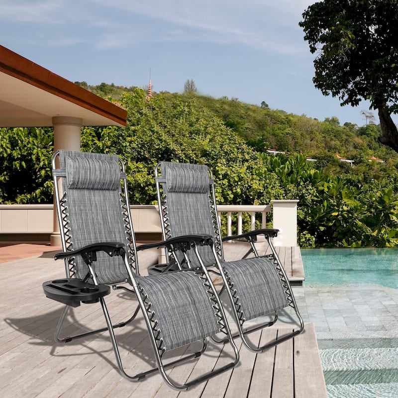Set of 2 Zero Gravity Recliner Lounge Chairs with Cup Holders, Folding Patio Camping Beach Chairs for Outdoor Relaxation