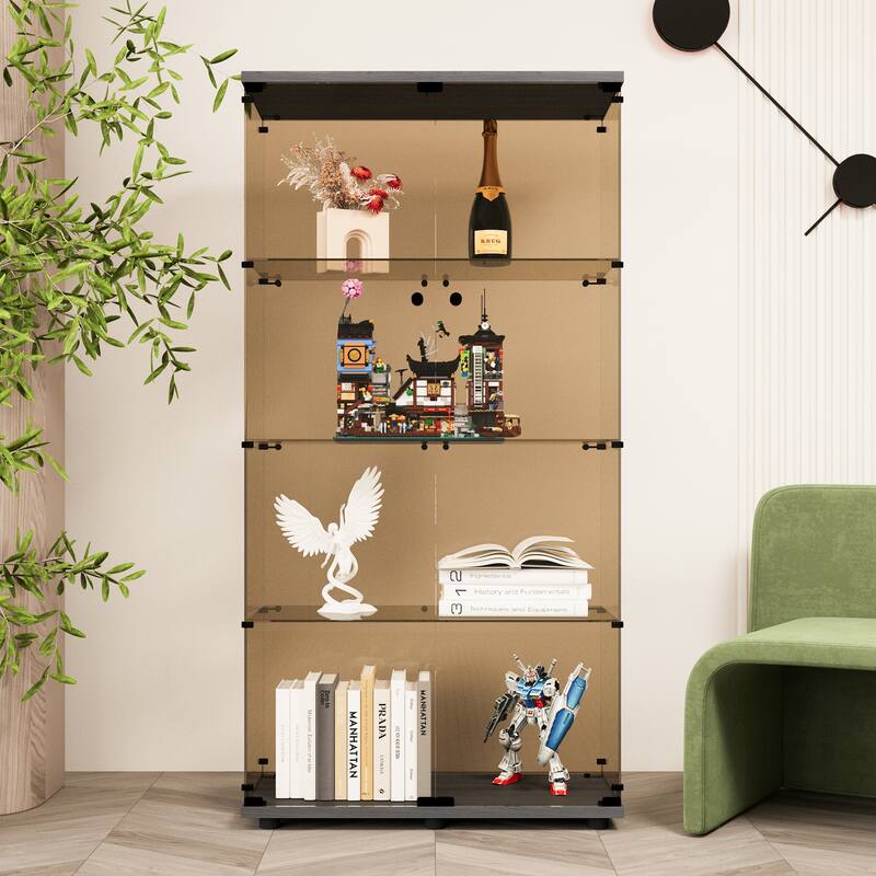 4-Shelf Glass Display Cabinet with Two-door Tawny Glass Cabinet, Floor Standing Curio Bookshelf for Living Room Bedroom - Black