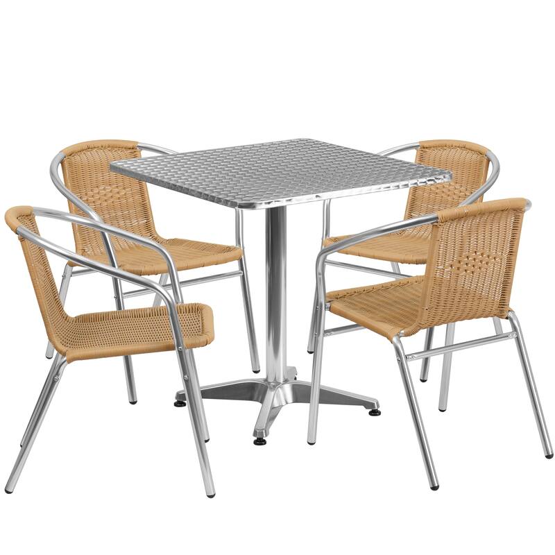 27.5'' Square Aluminum Indoor-Outdoor Table Set with 4 Rattan Chairs - Beige