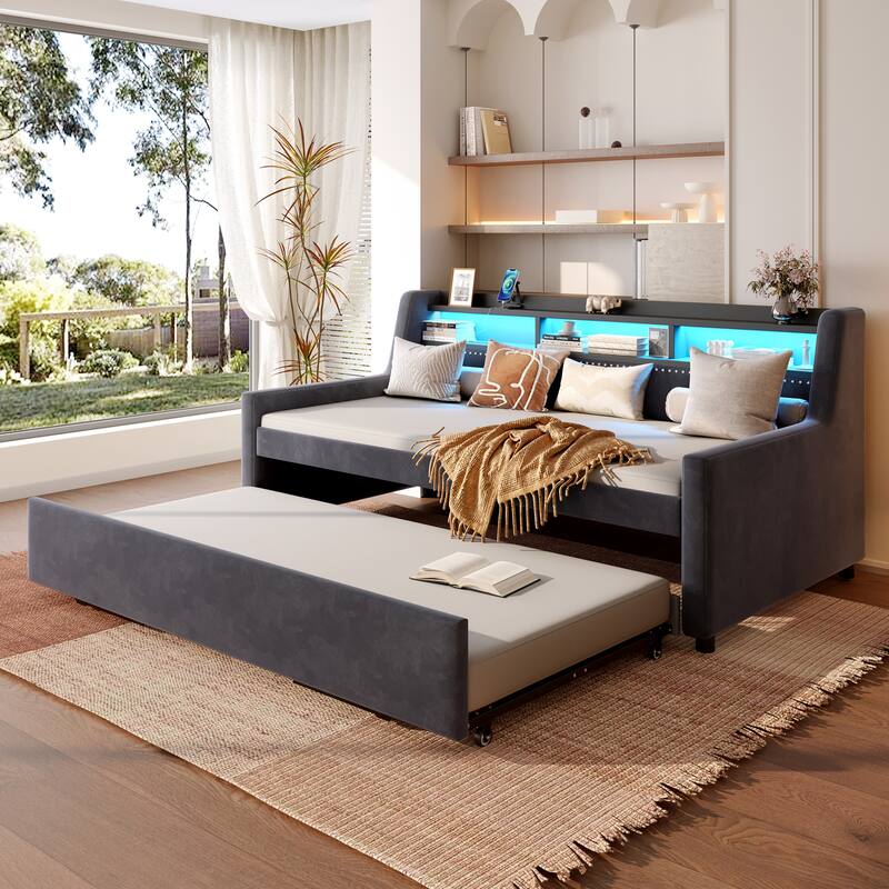 Twin Size Daybed with Trundle, Upholstery Daybed with LED Light ＆ Charging Station, Velvet Day Bed with Wood and Metal Frame - DARK GREY