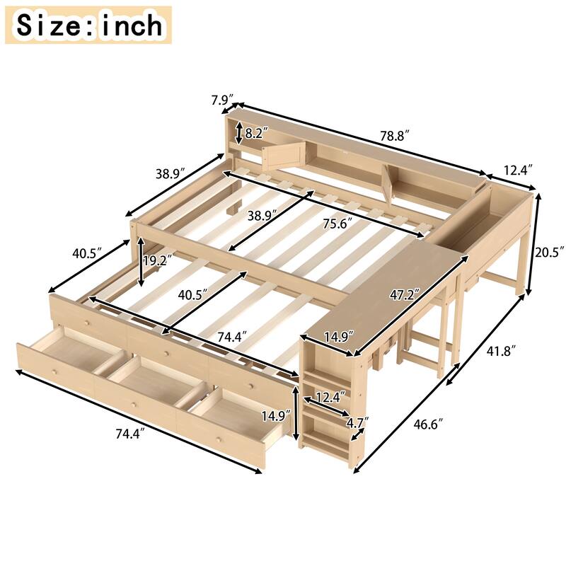 Full/Twin Daybed with Trundle & Storage Drawers - Wood Frame with Side Shelves and Desk