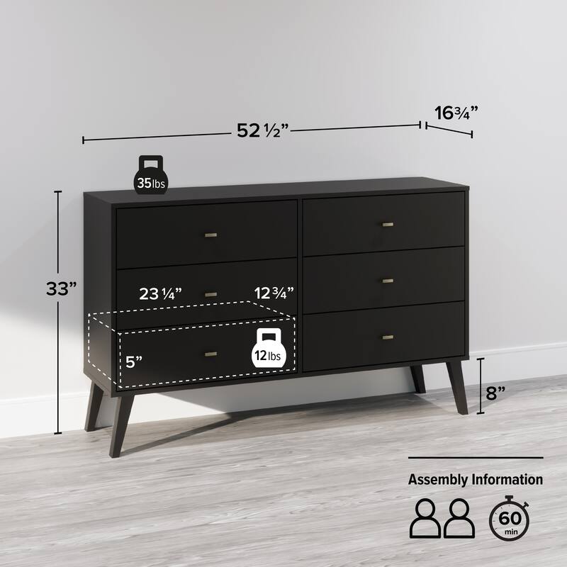 Prepac Milo Mid-Century Modern 6 Drawer Double Dresser for Bedroom, Chest of Drawers, Contemporary Bedroom Furniture