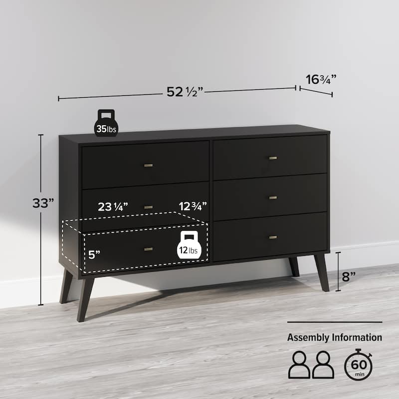 Prepac Milo Mid-Century Modern 6 Drawer Double Dresser for Bedroom, Chest of Drawers, Contemporary Bedroom Furniture