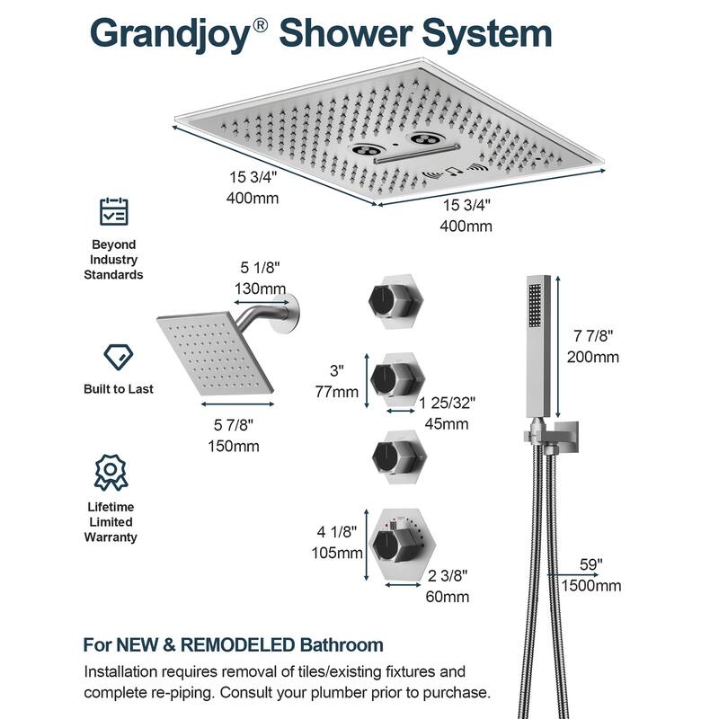 GRANDJOY Dual Shower Heads System 16 inch Ceiling and 6 inch Wall Mount Rainfall/Massage/Waterfall Mode Handheld Spray LED Music