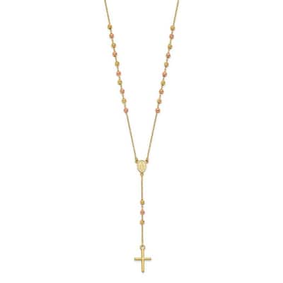 Curata 14k Italian Yellow and Rose Gold Rosary Cross Y Lariat Necklace, 16.5+1"