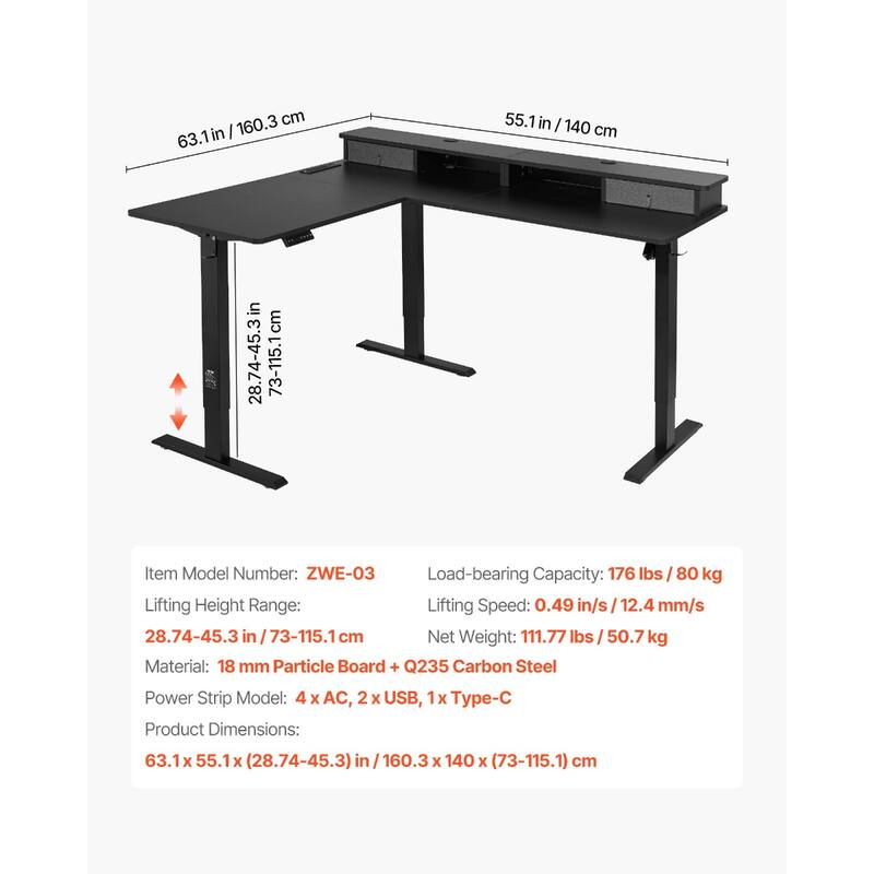 Black Particle Board Carbon Steel Electric L-Shaped Standing Desk with LED and Storage
