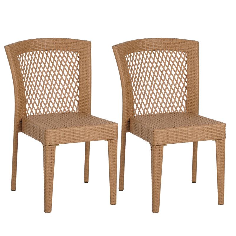 Roomfitters Set of 2 Stackable Outdoor Dining Chairs, Diamond-Mesh PE Wicker with Iron Frame