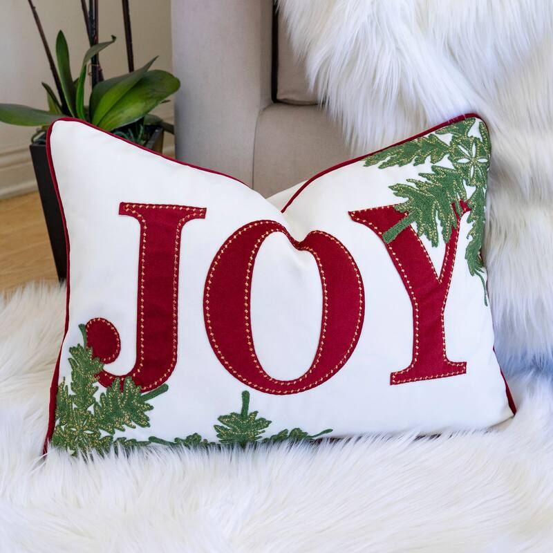 JOY Embroidered Christmas Throw Pillow - 14x20" Velvet Lumbar Cushion in Red and White with Green Holiday Accents