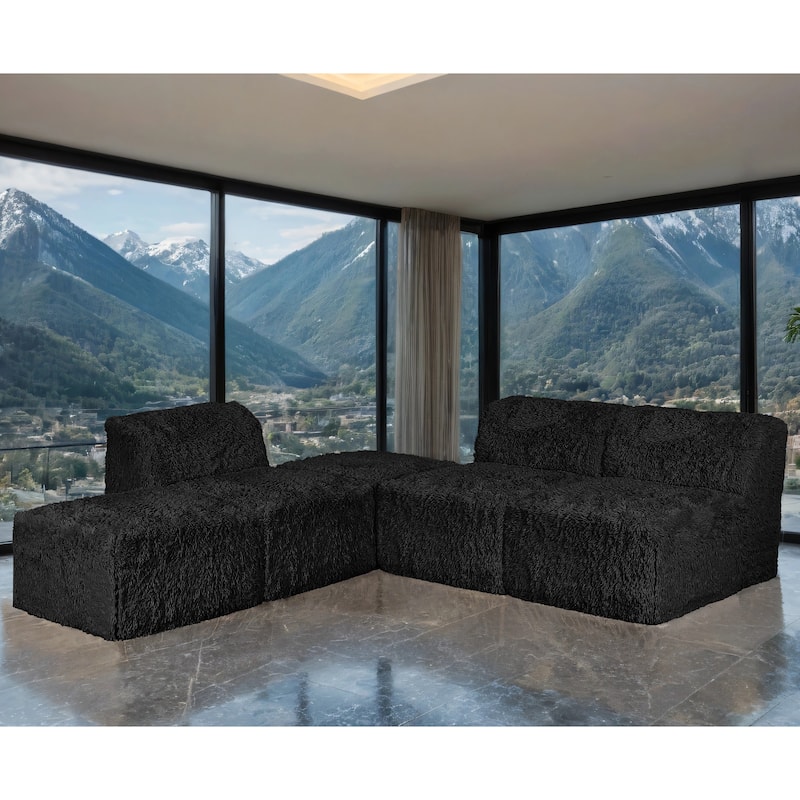 Furniture of America Ylena Modern 5-Piece Faux Fur Foam Modular Armless Compressed Sectional Sofa with Ottoman - Black