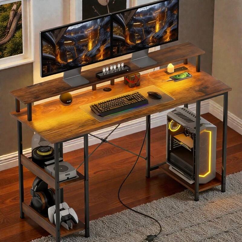 Reversible Computer Desk with Power Outlets and LED Lights, Office Desk with Monitor Stand Storage and CPU Shelf