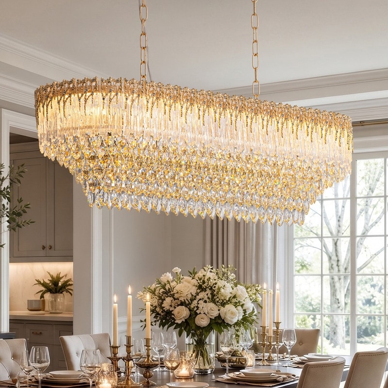 40 in. Modern Gold Crystal Chandelier 16-Light Rectangular Brass Crystal Dining Room LED Chandelier for Kitchen Island
