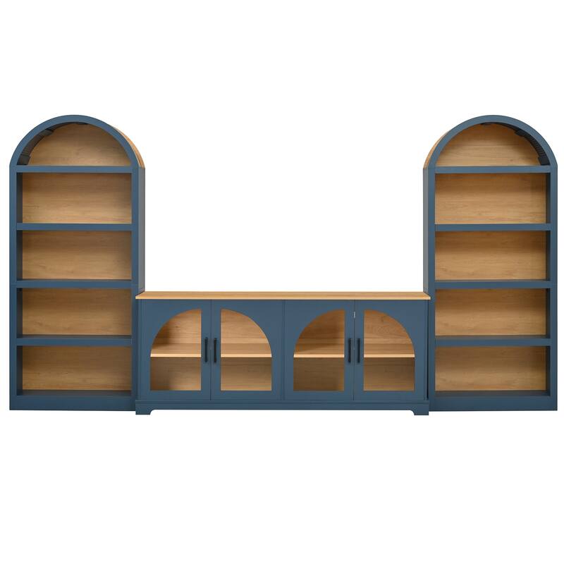 3-Piece Entertainment Center with Bookshelves for TVs up to 70", Retro Wall Unit TV Stand with Glass Doors, Media Console Table