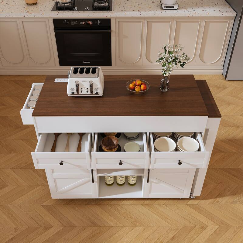 74.8"Kitchen Island with Extendable Dining Table & Power Outlet-Rolling Storage Cart on Wheels with 3 Drawers & 2 Door Cabinet