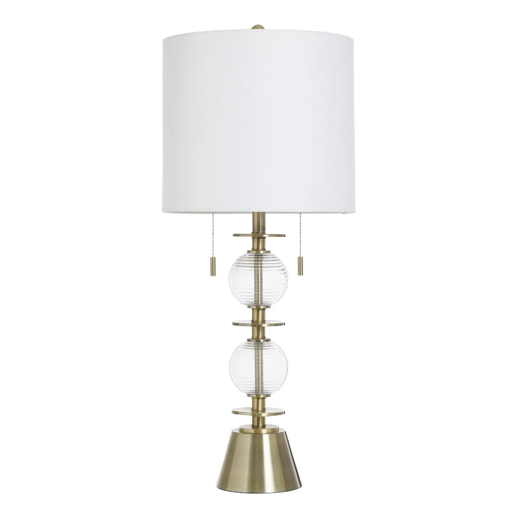 Ribbed Glass Table Lamp - Tiered Glass and Brushed Brass Body - Off-White Shade