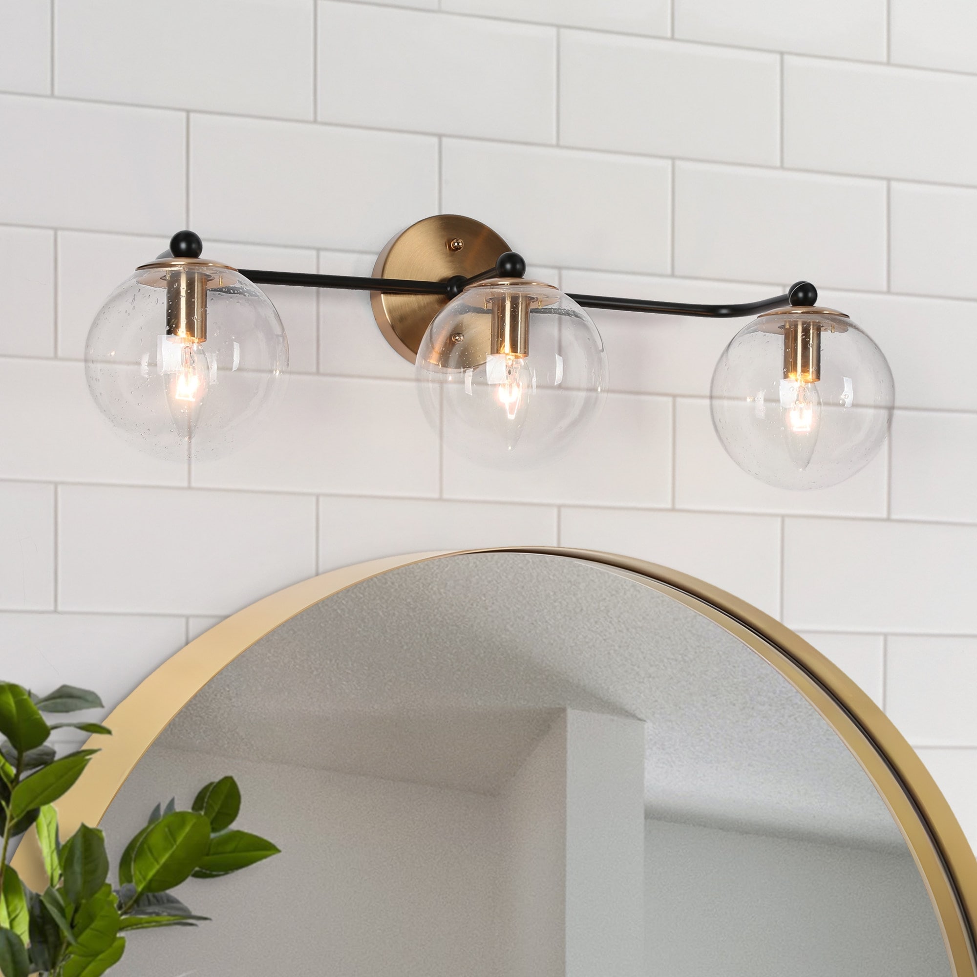 Mid Century Modern 3 Light Black Gold Bathroom Vanity Light Globe Glass Wall Sconces 24.5 L x 7.5 W x 8 H Bed Bath Beyond 35475461