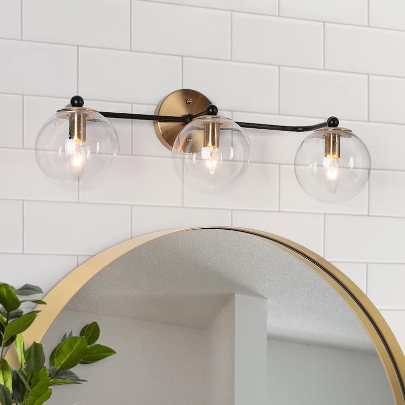 Mid-Century Modern 3-Light Black Gold Bathroom Vanity Light Globe Glass Wall Sconces - 24.5" L x 7.5" W x 8" H