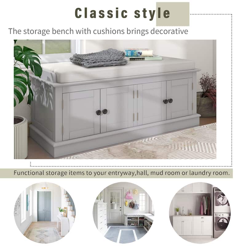 Rustic Upholstered Storage Bench with 4 Doors & Adjustable Shelves - Ideal for Farmhouse Decor