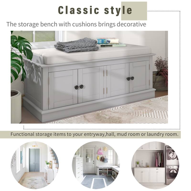 Storage Shoes Bench with 4 Doors and Adjustable Shelves, Removable Cushion