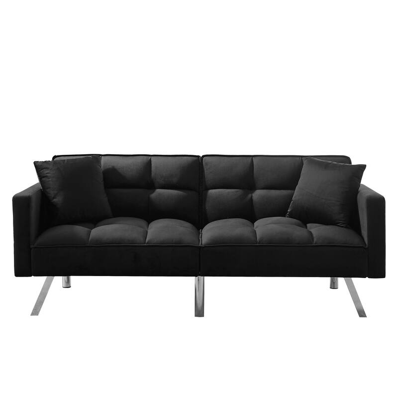 Velvet Futon Sofa Bed with Two Pillows, Convertible Sleeper Sofa Couch with 3 Angle Adjustable Backrest, Modern Loveseat
