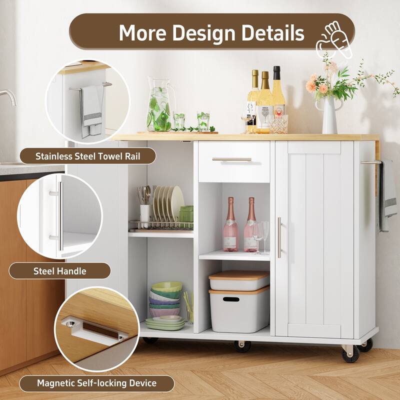 Rolling Kitchen Island Cart with Open Shelf & Drop Countertop - N/A