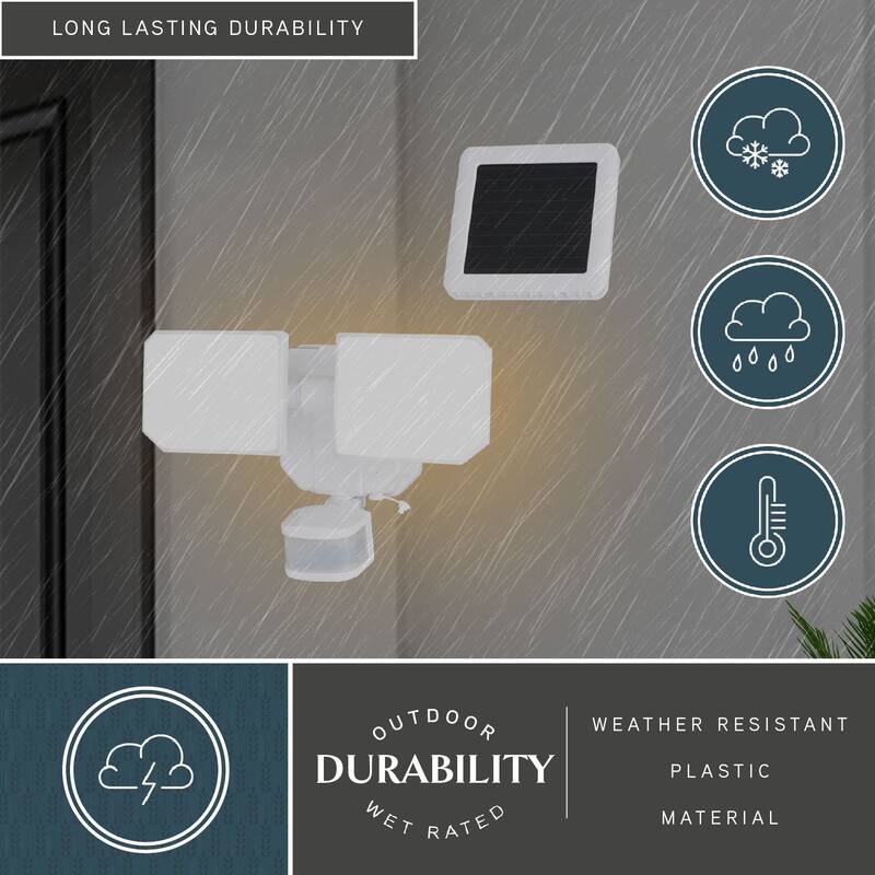 Solar Powered Outdoor Security LED Flood Light White, Motion Sensor, Dusk to Dawn, Battery Backup