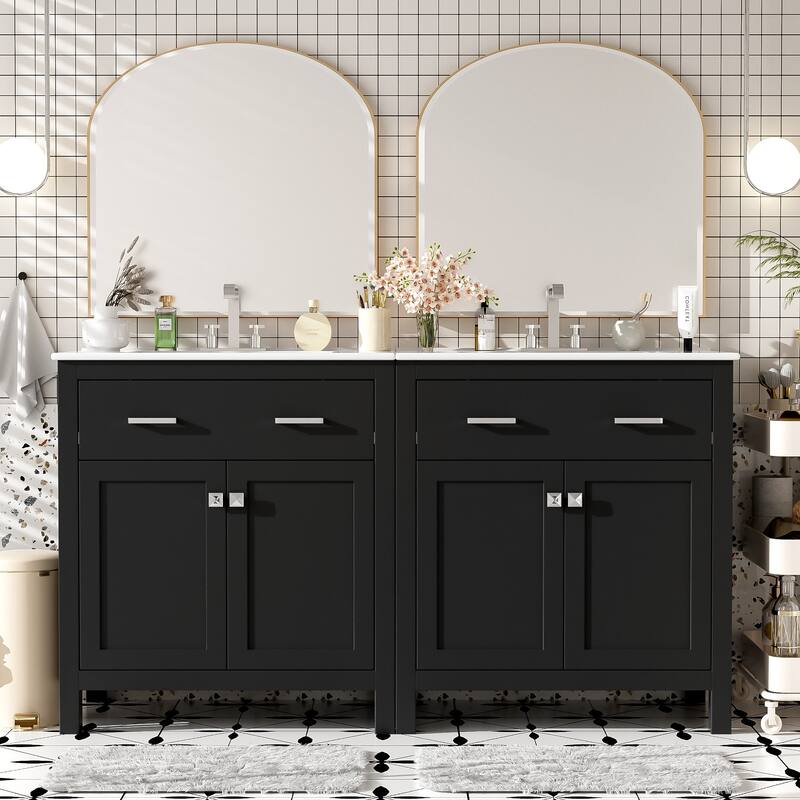 Set of 2 Vanity for Bathroom with Double Ceramic Sinks, 60" Modern Storage Cabinet with Flip-down Drawers and Door Organizers - Black