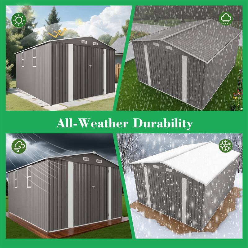 10x12FT Outdoor Storage Shed Large Metal Garden Shed with Double Door