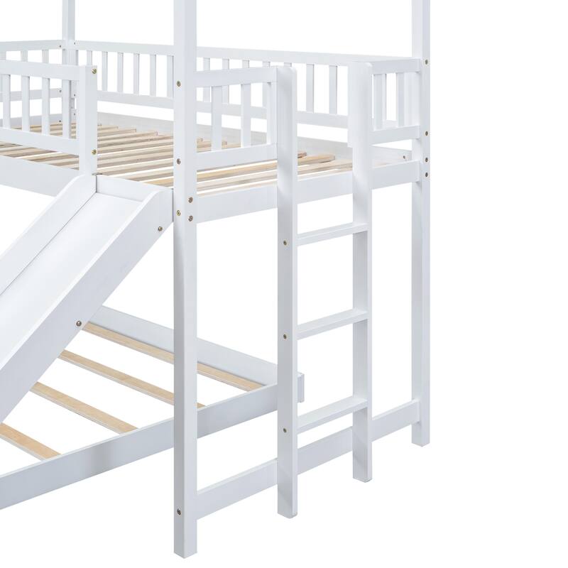 Kids' Twin Over Full Bunk Bed with Roof Design, Slide, and Built-in Ladder