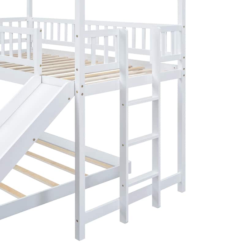 Roomfitters Twin over Full House Bunk Bed with Slide, Built-in Ladder and Full-Length Safety Rail