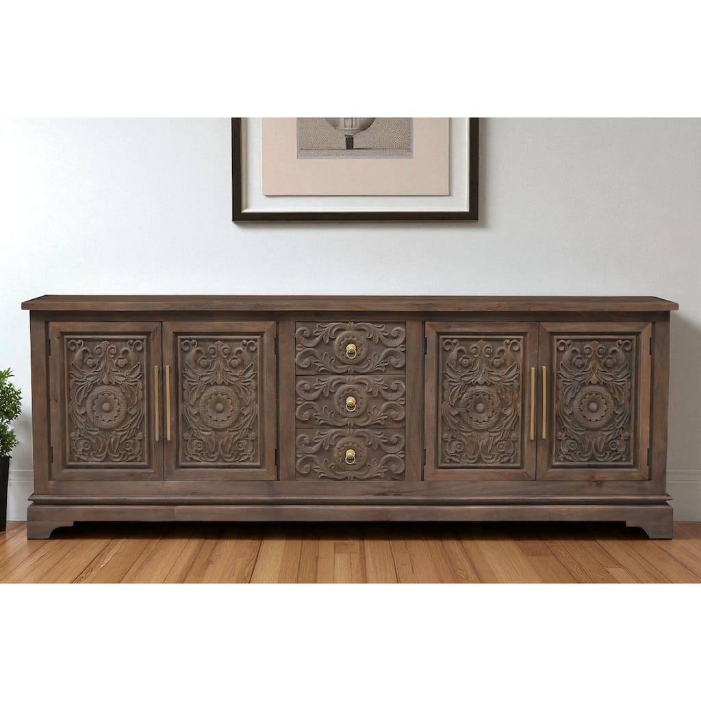 HomeRoots 106" Brown Distressed Solid Wood Carved Floral Three Drawer Sideboard with Four Doors