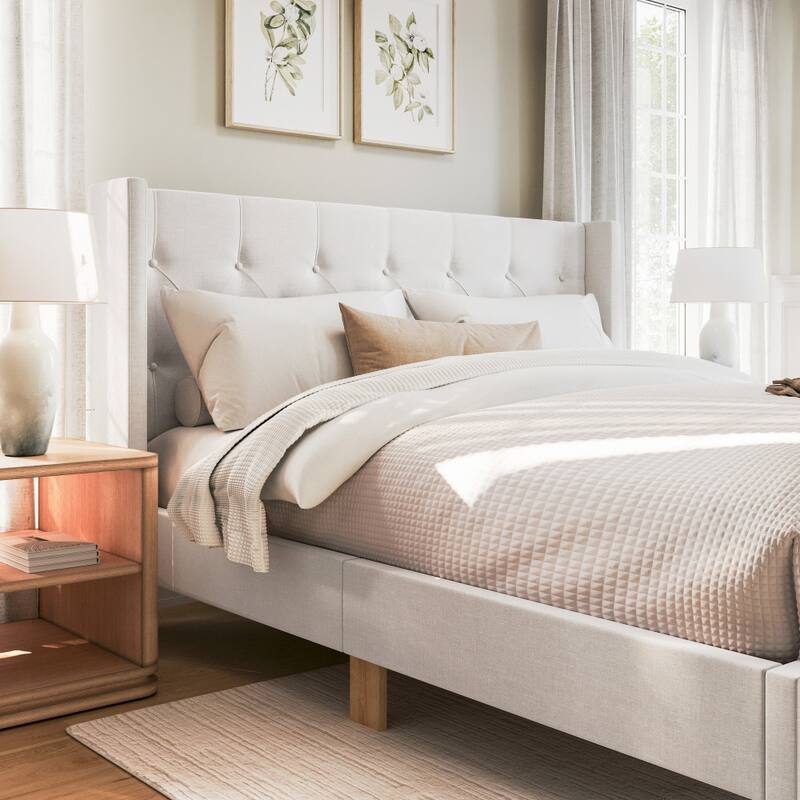 Martha Stewart Platform Bed with Tufted Wingback Headboard