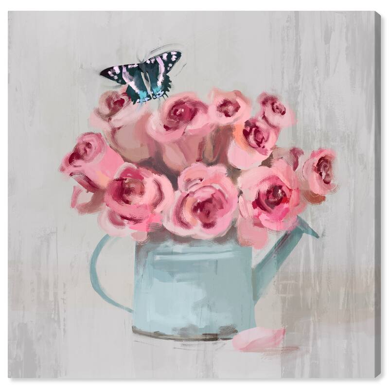 Wynwood Studio Canvas Floral and Botanical Contemporary Floral Pot Pink and Light Gray Farmhouse Wall Art Canvas Print